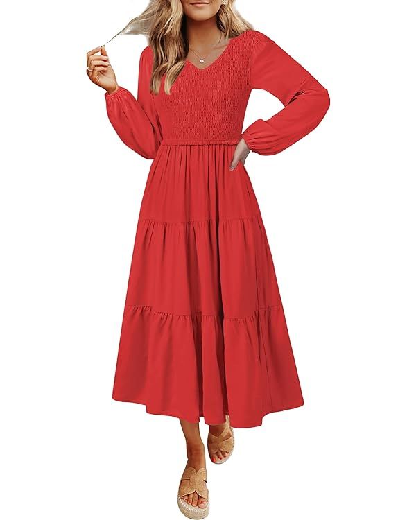 MEROKEETY Women's 2023 Casual Long Sleeve Smocked Dress V Neck High Waist Ruffle Tiered Midi Dres... | Amazon (US)
