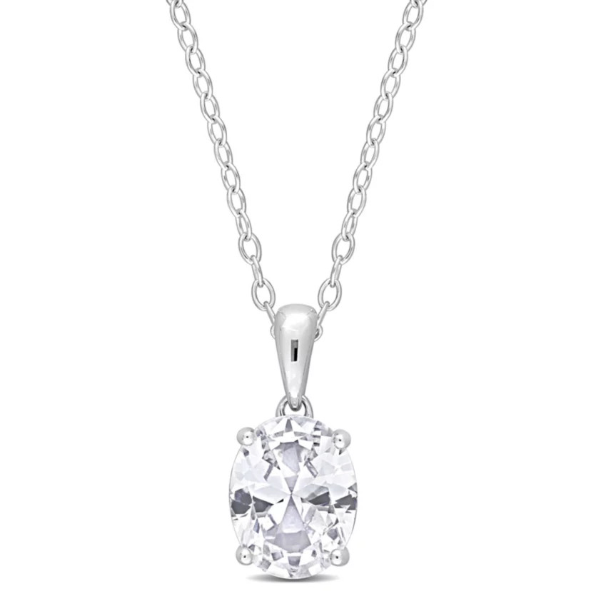 Lab Created Created White Sapphire Solitaire Classic Basket Setting Pendant with Chain in Sterlin... | Belk
