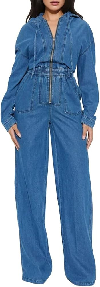 Denim Jumpsuit for Women Hooded Long Sleeve Zip Front High Waisted Wide Leg One Piece Casual Romp... | Amazon (US)