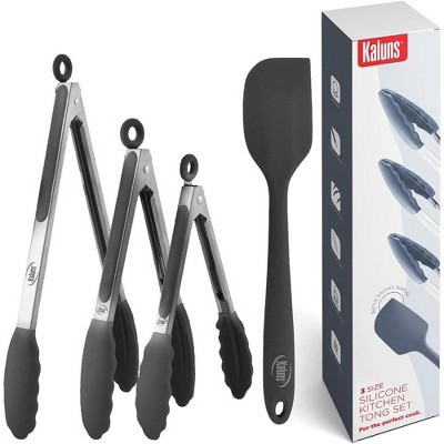 Kaluns Kitchen Tongs Set, Set of Four 7,9, and 12 Inch Tong Plus Silicone Spatula, Non-stick, Heat Resistant Serving Utensils, Black | Target