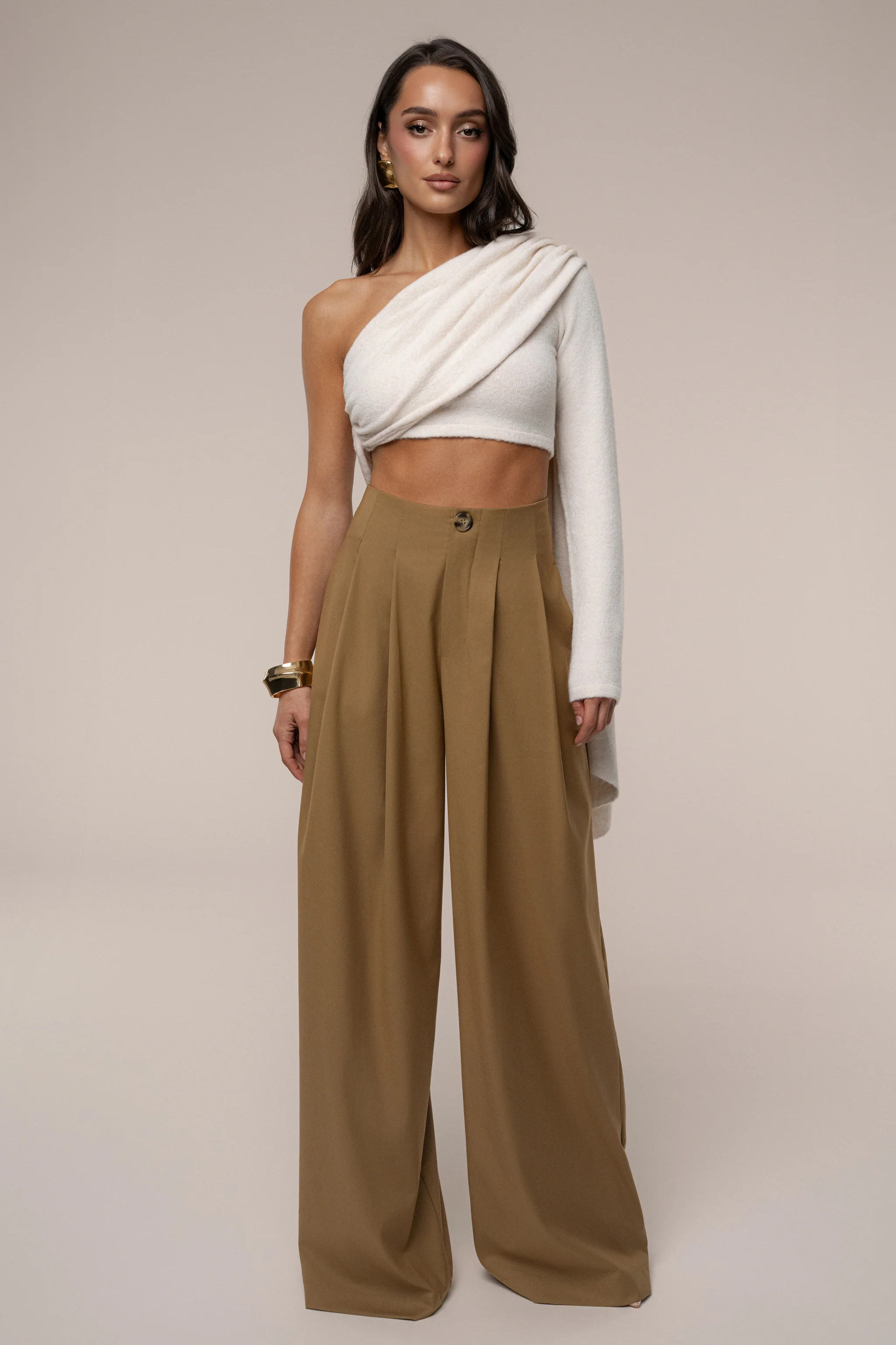 Tan Polished Pleat Trouser | JLUXLABEL