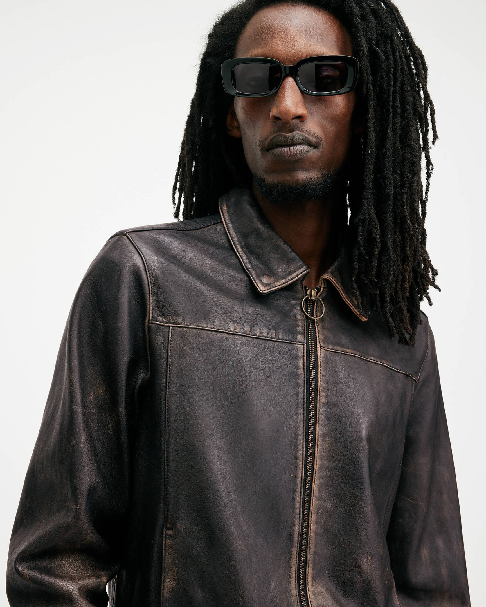 Alkan Zip Up Two Tone Leather Jacket Vintage Black | ALLSAINTS US | AllSaints US