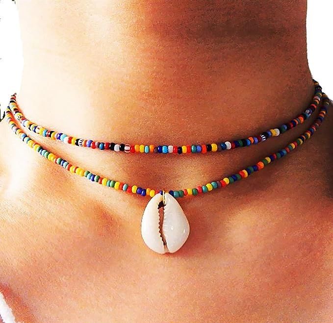 Doubnine Boho Choker Beaded Multicolored Rainbow Sea Shell Layered Y Lariat Necklace Women Beach ... | Amazon (US)