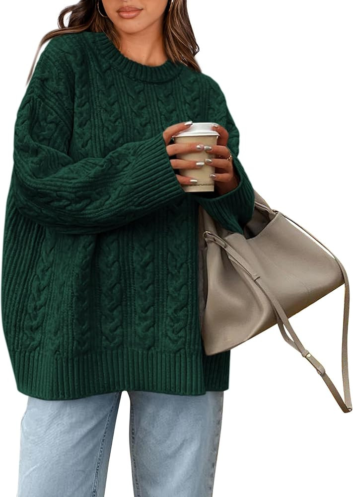 Okiwam Women's Oversized Sweaters Crewneck Cable Knit Pullover Casual Loose Fall Outfits Fashion ... | Amazon (US)