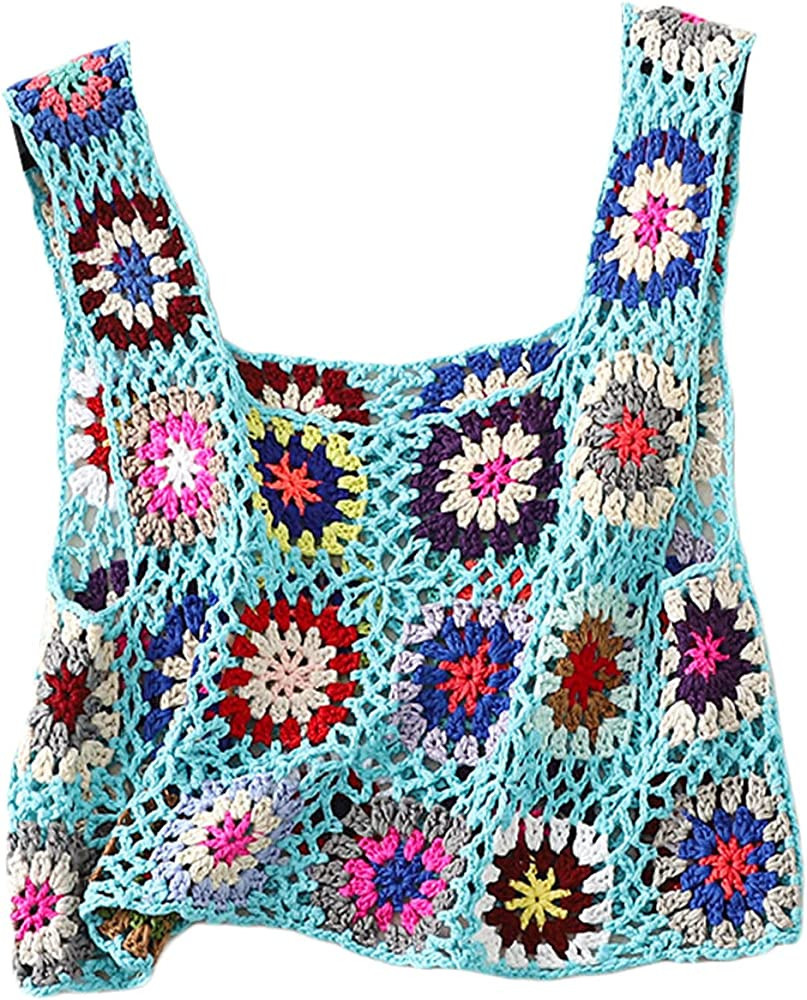 Women's Summer Crochet Tank Top Colorful Floral Embroidery Knit Vest Tops Boho Camisole Beachwear | Amazon (US)