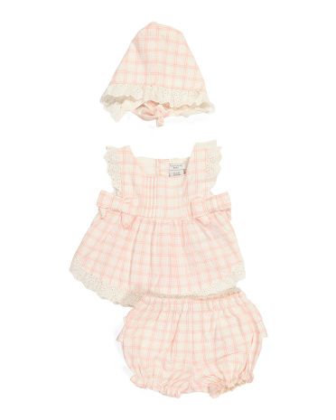 Newborn Girls Plaid Seersucker Tunic With Bloomer And Bonnet | TJ Maxx