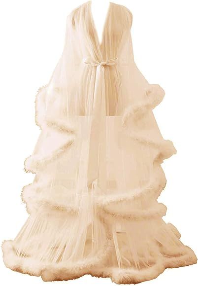 Sexy Illusion Long Lingerie Robe Nightgown Bathrobe Sleepwear Feather Bridal Robe Wedding Scarf | Amazon (US)