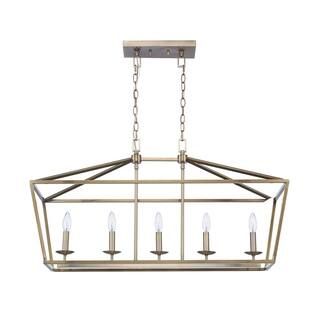 Weyburn 5-Light Brushed Brass Caged Rectangular Farmhouse Chandelier for Dining Room, Linear Lant... | The Home Depot