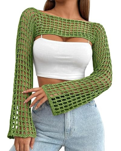 CAMNOW Womens Crochet Crop Tops Y2k Knit Shrug Sweater Hollow Out Long Sleeve Bikini See Through Cover Ups (US, Alpha, Small, Regular, Regular, Green) | Amazon (US)
