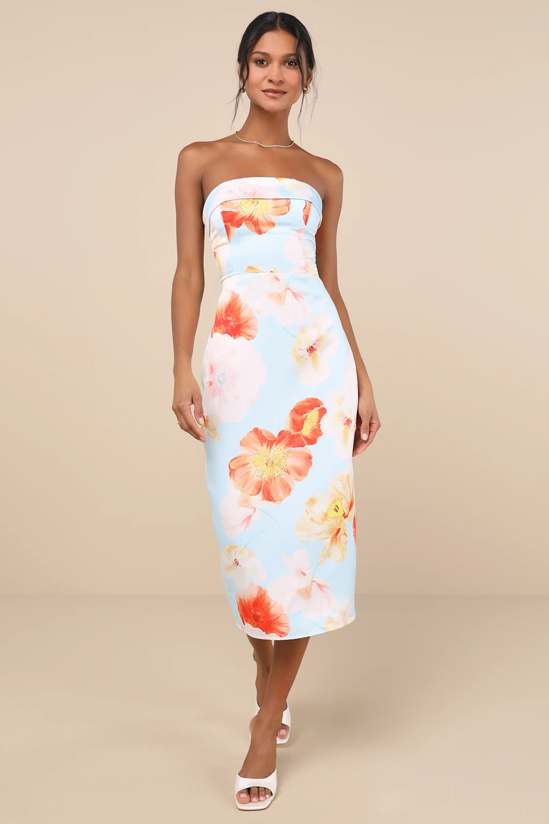 Oriana Light Blue Floral Satin Strapless Midi Dress | Lulus