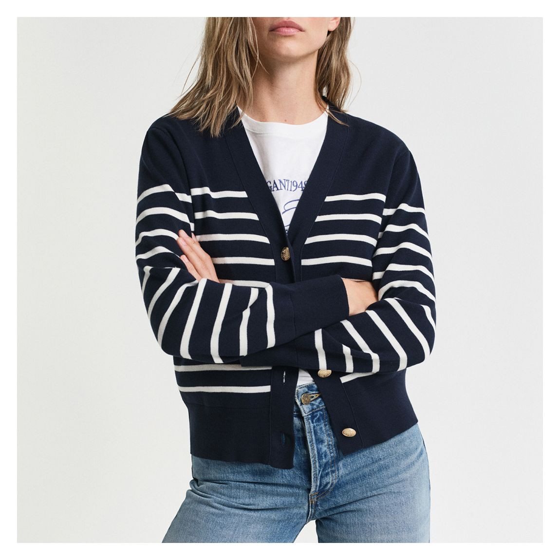 Gant Navy/White Striped Cotton Cardigan - BrandAlley | BrandAlley