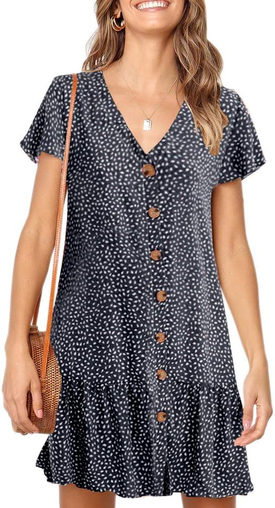 Imysty Womens Polka Dot V Neck Button Down Ruffles Loose Mini Short T-Shirt Dress | Amazon (US)