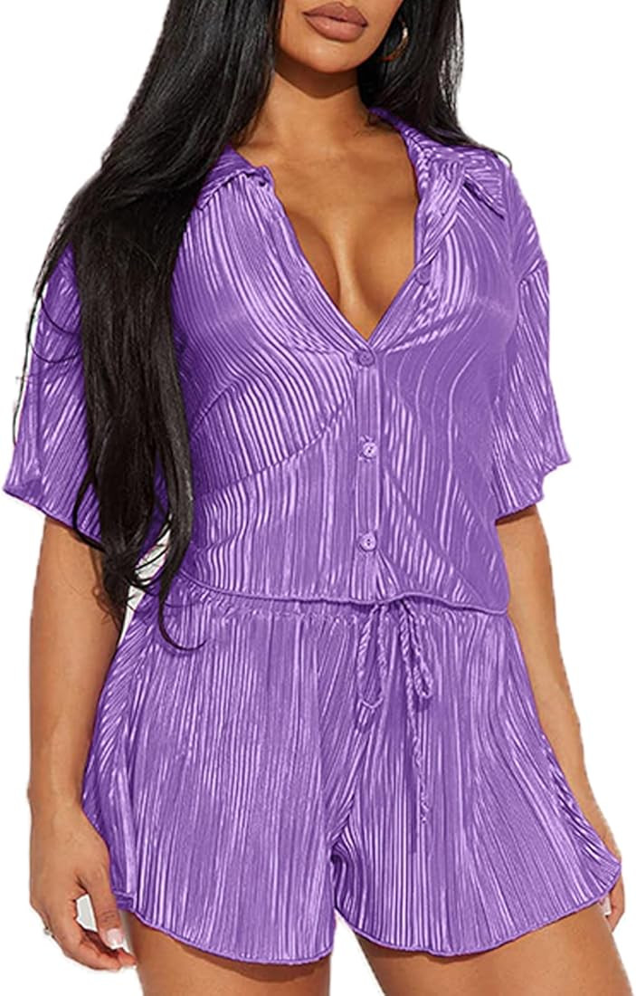 Halfword Two Piece Outfits for Women Pleated Casual Short Sleeve Button Down Shirts Shorts Sets S... | Amazon (US)