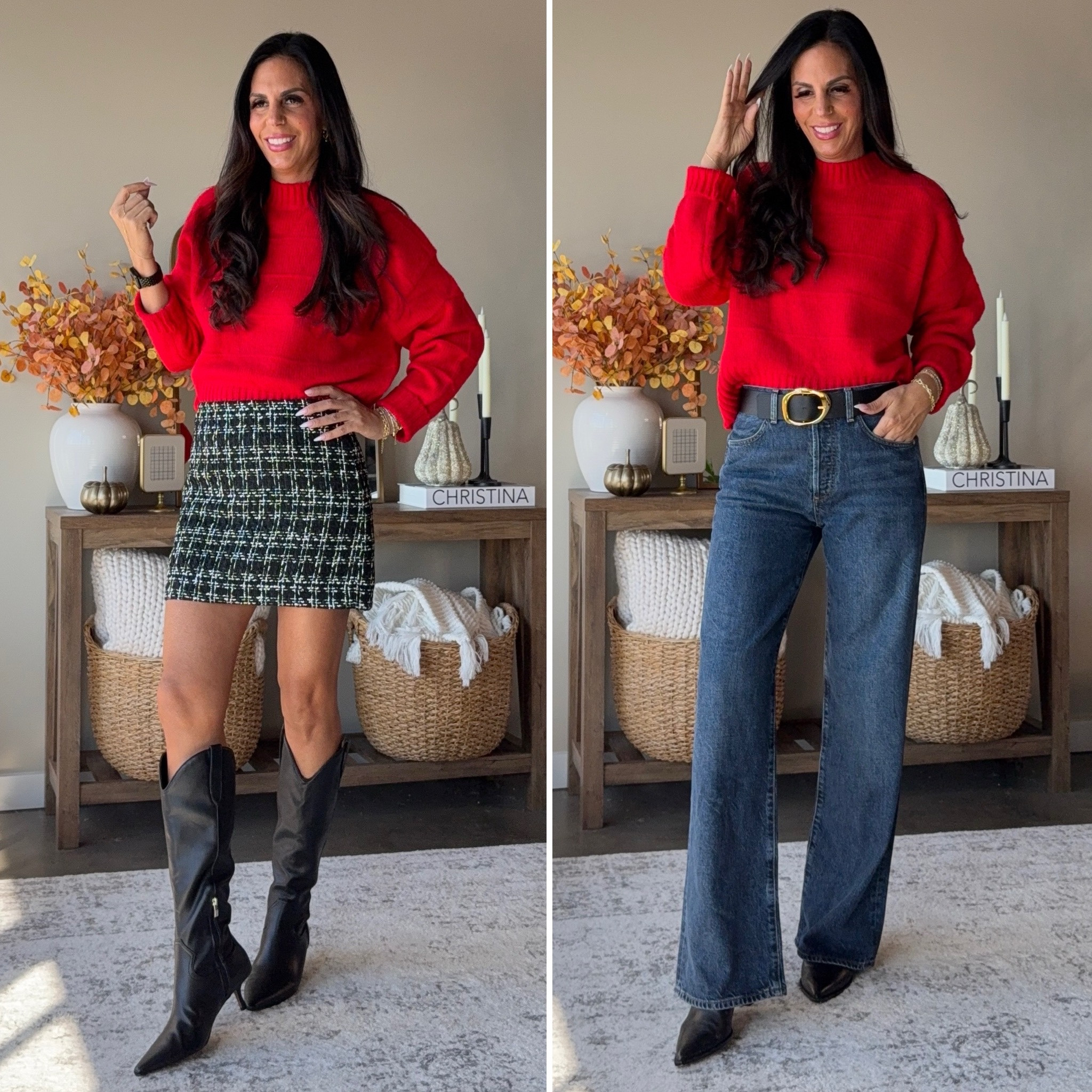 The perfect holiday red sweater. On sale and one of my favs for the holiday season! Wearing a small 
Tall boots- comes in wide and regular calf 
