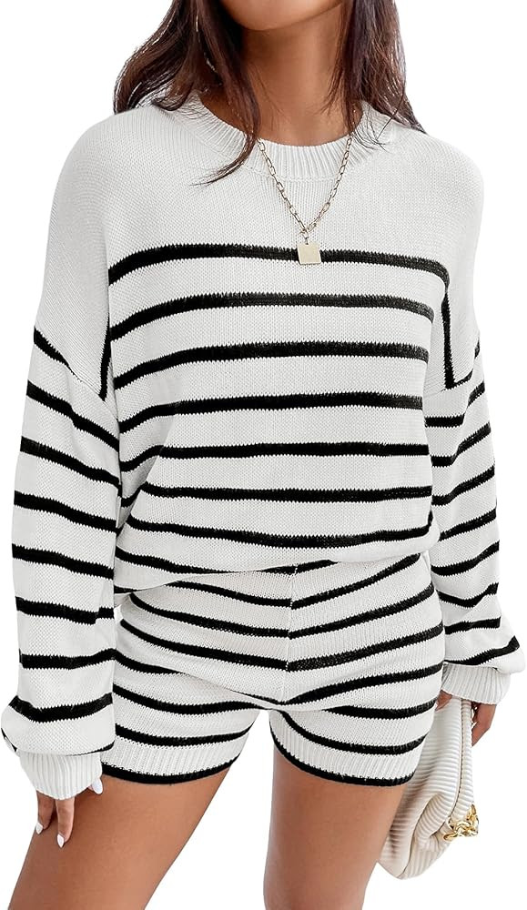Verdusa Women's 2 Piece Outfit Striped Knitted Long Sleeve Sweater Top and Lounge Shorts Sets | Amazon (US)