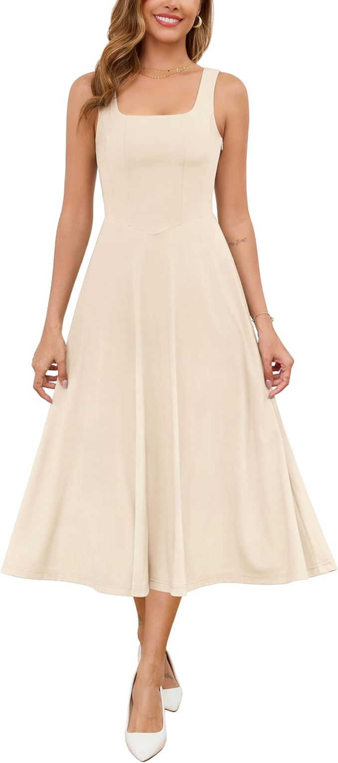 Zattcas Square Neck Sleeveless Flowy Swing Midi Dress | Amazon (US)