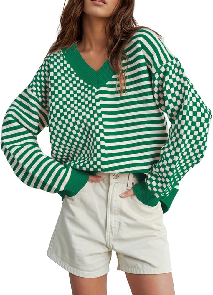 UNCLECAT Women's Striped Checkered Sweater 2025 V Neck Fall Sweaters Casual Knit Trendy Pullover ... | Amazon (US)