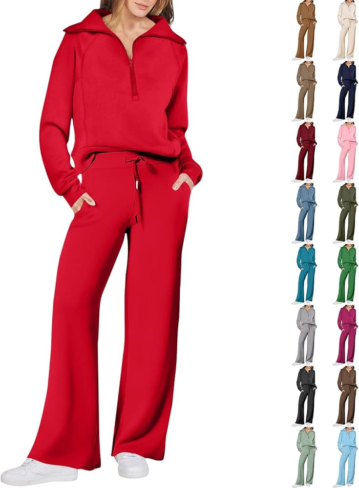 Sweatsuits Women 2 Piece Outfit Comfort Athleisure Sets Half Zip Pullover Wide Leg Sweatpants Set... | Amazon (US)