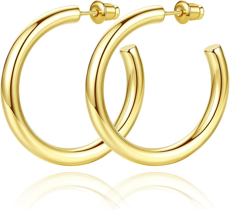 Howoo 14K Gold Plated Chunky Gold Hoops High Polished Gold Hoop Earrings for Women | Amazon (US)