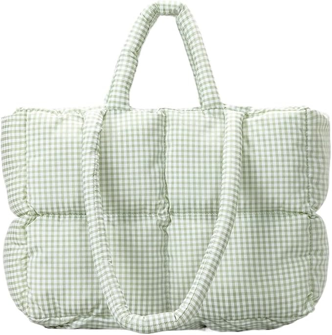 Gingham Puffy Tote with Double Straps Checked Puffer Tote Bag for Women Plaid Puffer Shoulder Bag... | Amazon (US)