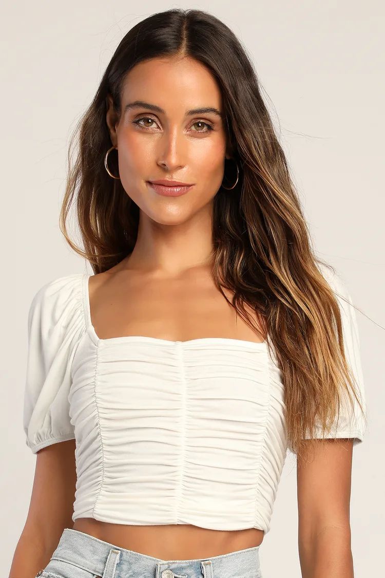 Ruche and Go Ivory Puff Sleeve Ruched Crop Top | Lulus (US)