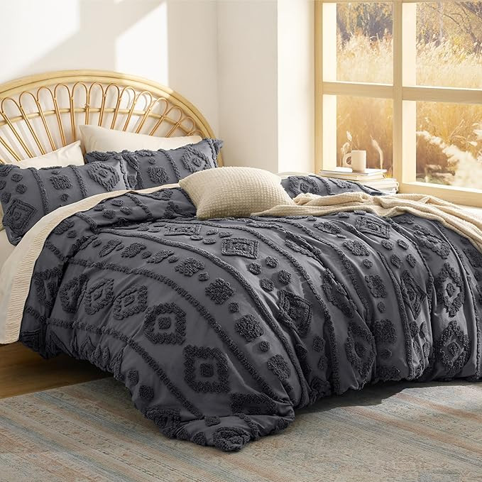Bedsure Queen Size Comforter Set - Dark Grey Tufted Boho Bed Set, Farmhouse Shabby Chic Embroider... | Amazon (US)