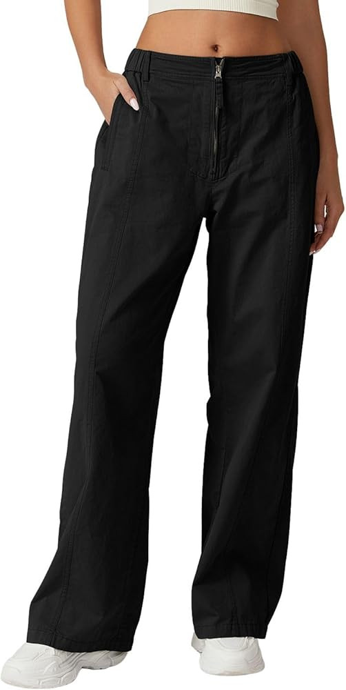 QINSEN Womens Zip Front Wide Leg Long Pants High Waist Causal Cargo Pants Cotton Pocket Palazzo P... | Amazon (US)