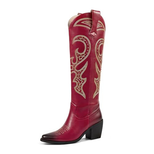 wetkiss Red Western Knee High Boots for Women Red Cowboy Cowgirl Boots for Women Tall Long with Zipper | Amazon (US)