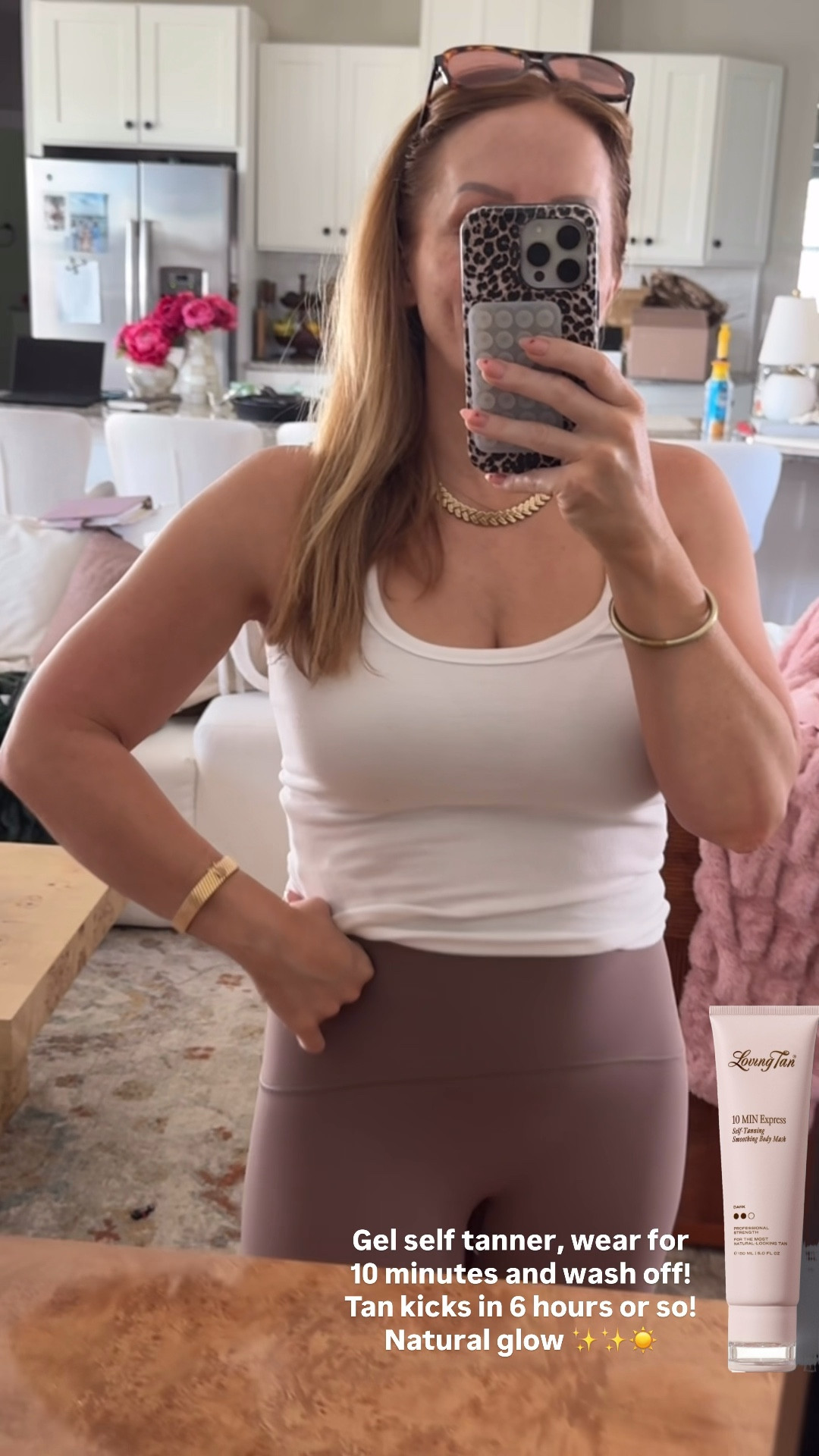 This is the best self tanner. It’s brand new. They just came out with the gel and you apply with the mitt, let it sit for 10 minutes and wash it all off! It is so natural and looks amazing and I can’t believe you only have to wear it for 10 minutes!! I’m wearing the color dark. 


Self tanner, gold jewelry, white tank, white tank top, brown leggings, Spanx, loving tan

#LTKdayinmylife #LTKgrwm #LTKselfcare