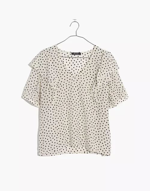 Silk V-Neck Shoulder-Ruffle Top in Inkbrush Dots | Madewell