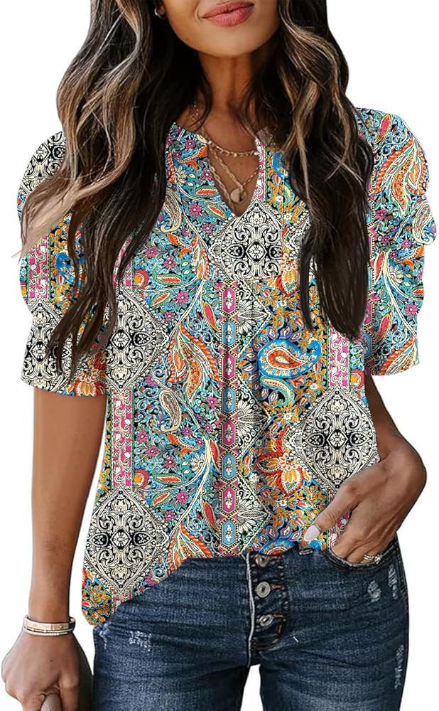 Women's Puff Short Sleeve Shirt V Neck Summer Tops Casual Fashion T Shirts Loose Fit Blouses | Amazon (US)