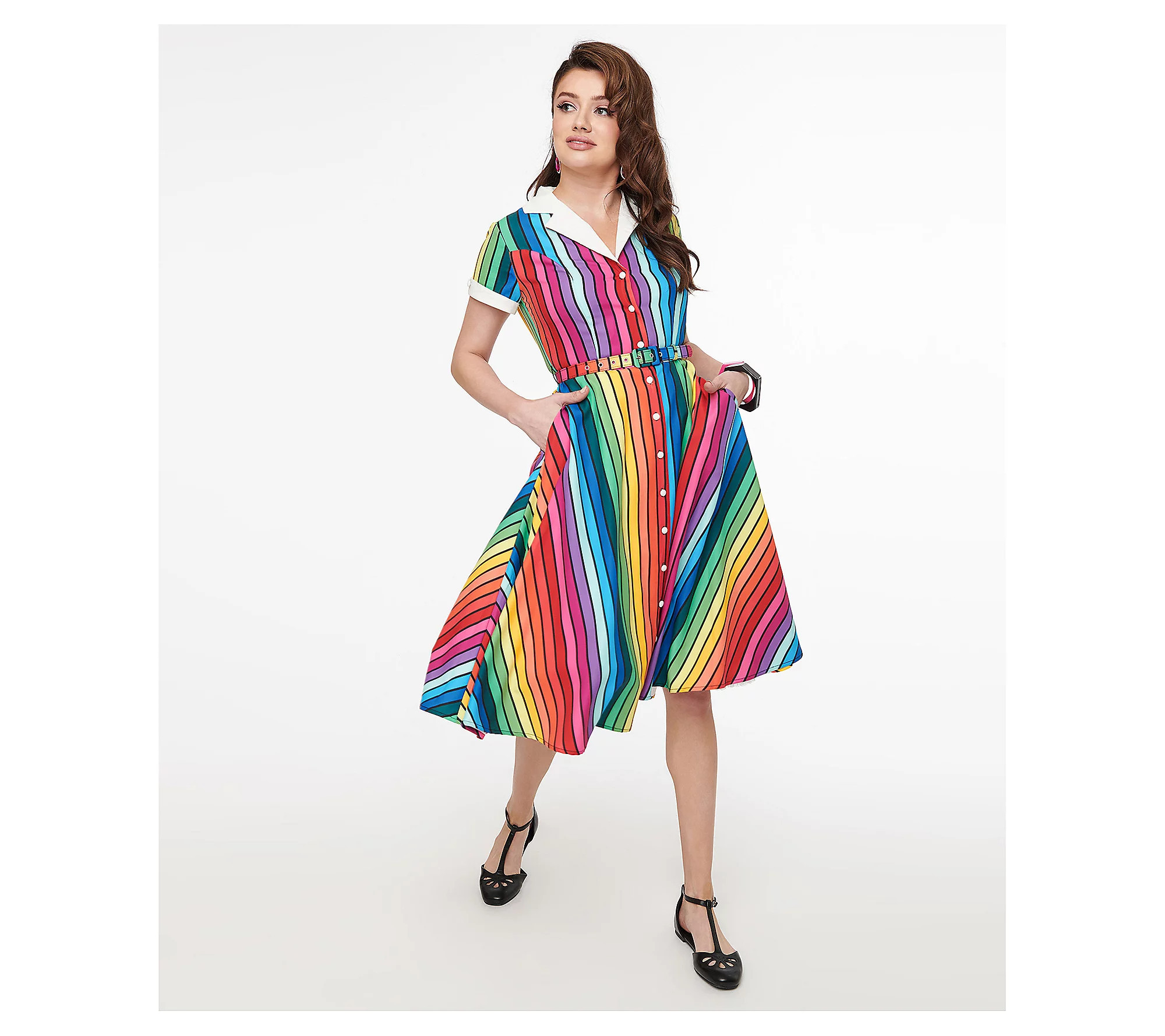 Unique Vintage Rainbow Stripe Collared Button S wing Dress | QVC