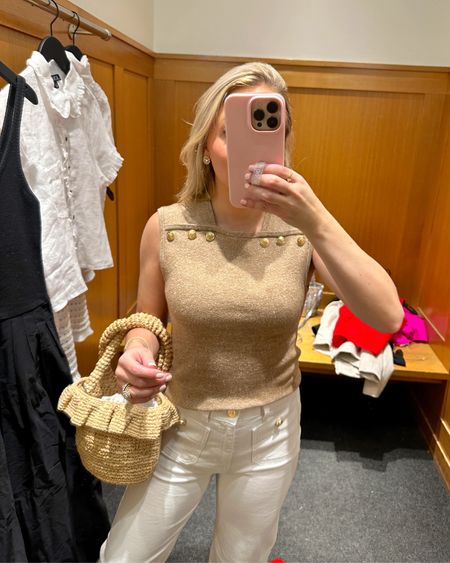 A gorgeous fan sleeveless sweater top with gold buttons! True to size, in the XS. Super chic white jeans with gold buttons too. In the size 25 and true to size ✨ #JCrew #JCrewObsessed #classicstyle #springstyle #springstyleinspo #outfitinspo #summerstyle #summerinspo #springbreakoutfits 

#LTKsalealert #LTKitbag #LTKSeasonal