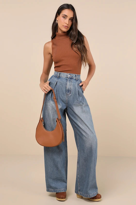 Enviable Cool Medium Wash Pleated Wide-Leg High-Rise Jeans | Lulus