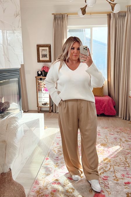 curvy fall outfit! wearing size xl in long white sweater and size xl in beige trousers {but just need the large in them} 

#LTKSeasonal #LTKunder100 #LTKcurves