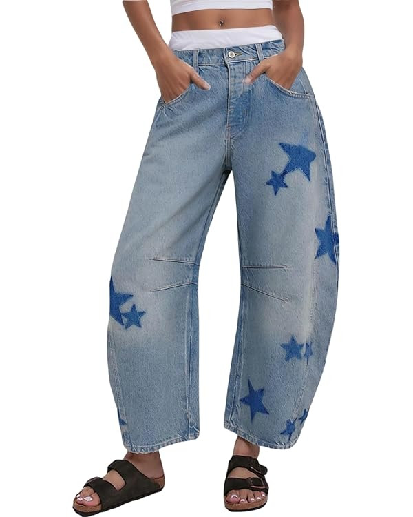 Star Barrel Jeans Women Elastic Mid Rise Wide Leg Jeans Loose Baggy Printed Boyfriend Denim Pants | Amazon (US)