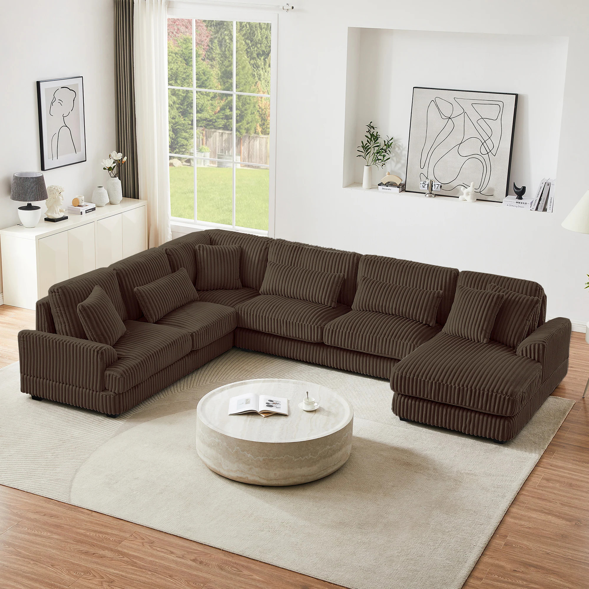 ModernLuxe 129inch Oversized Sectional Sofa Ushaped Sofa Couch Modern Sofa Upholstered in Soft Corduroy with a Chaise Lounge for Living Room Brown | Lowe's