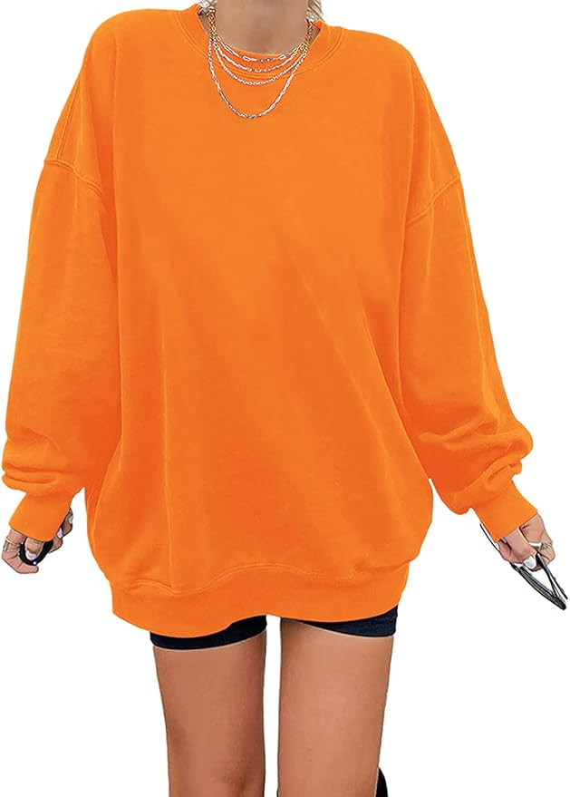Women's Oversized Long Sleeve Sweatshirts Pure Color Round Neck Casual Pullover Shirt | Amazon (US)
