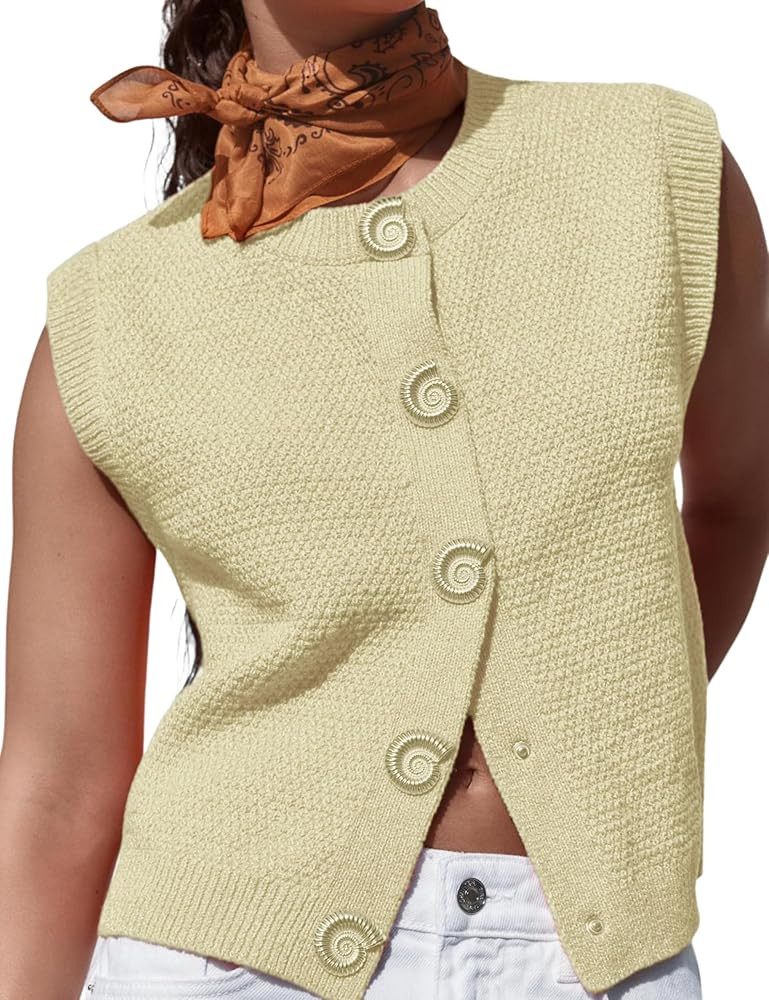 APAFES Womens Sweater Vest Snap Button Sleeveless Crew Neck Knit Cardigan Crochet Tank Tops Knitw... | Amazon (US)
