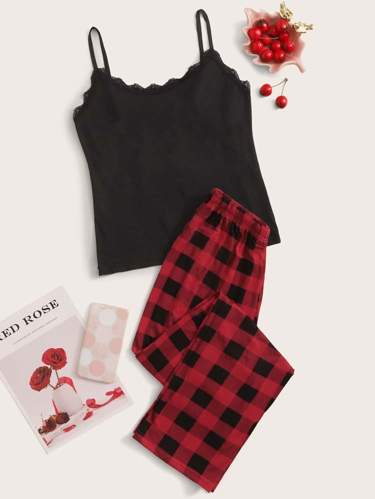 Cami Schlafanzug Set mit Spitzenbesatz und Plaid Muster | SHEIN