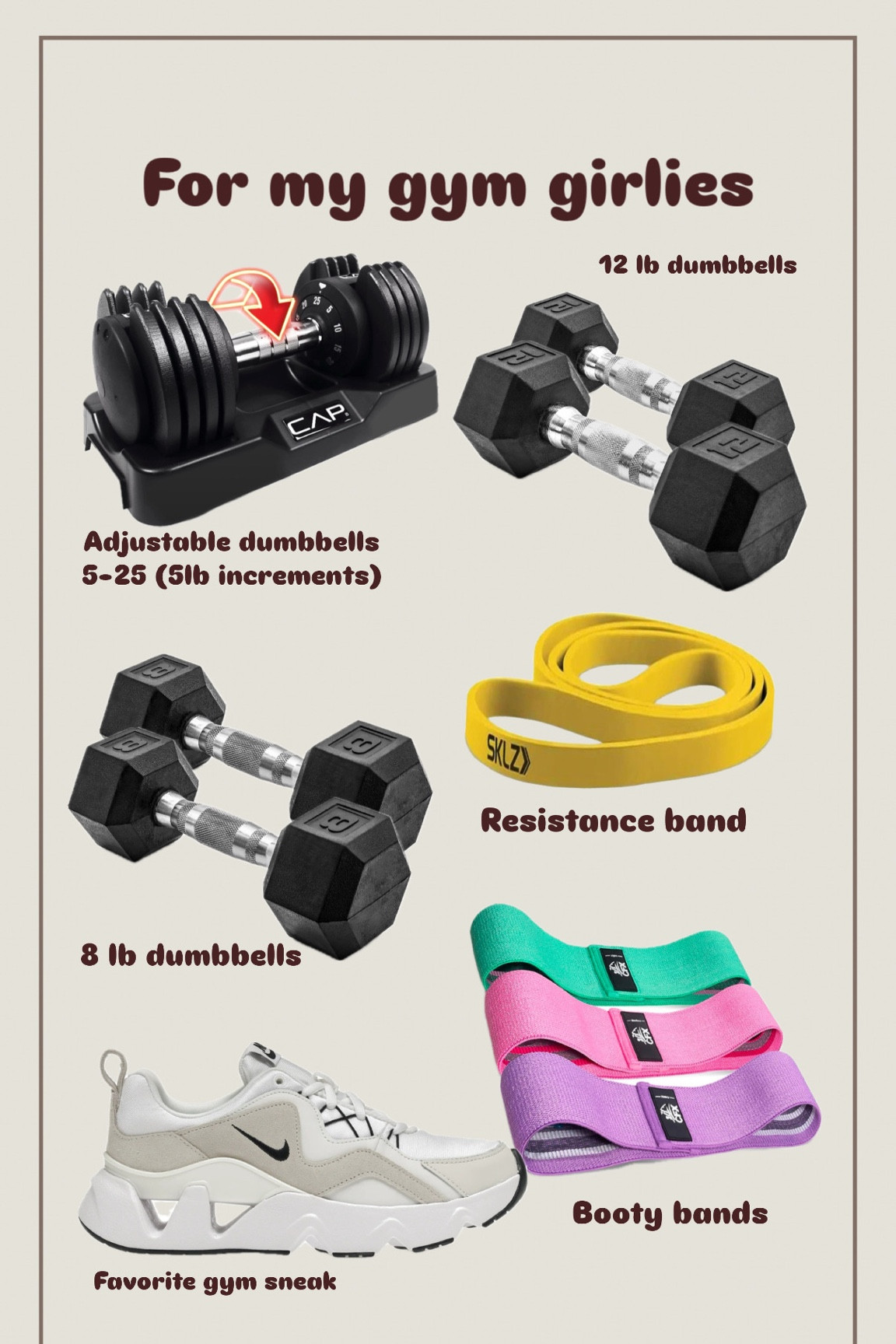 For all the gym girlies… this one’s for you. I love the convenience of being able to workout from home so here's my FULL setup! 

These are all things I actually own in my home gym and use every week. Such good gift ideas for anyone starting or staying consistent.

If you’re working out at home, I highly recommend the @liftwithlivapp (check out on insta). This is what I use. Her programs keep me on track. I mix home workouts with a few classes with friends and it’s the perfect balance. Liv's programs have workout programs for gym / home so I can do them interchangeable based on my schedule and where I workout each day! 

What’s included:
• Adjustable dumbbells (5–25 in 5lb increments) - you need a SET OF 2
• 12 lb dumbbells
• 8 lb dumbbells
• Long resistance band
• Booty bands
• My favorite gym sneakers

fitness gift guide. gift guide for her. gym girl gifts. workout gifts. fitness equipment. home gym essentials. dumbbells. resistance bands. booty band set. gym sneakers. amazon fitness finds. at home workout gear. beginner gym gear. holiday gift guide. health and wellness gifts. ltk fit. fitness motivation.

#LTKFitness 

#LTKGiftGuide #LTKHoliday