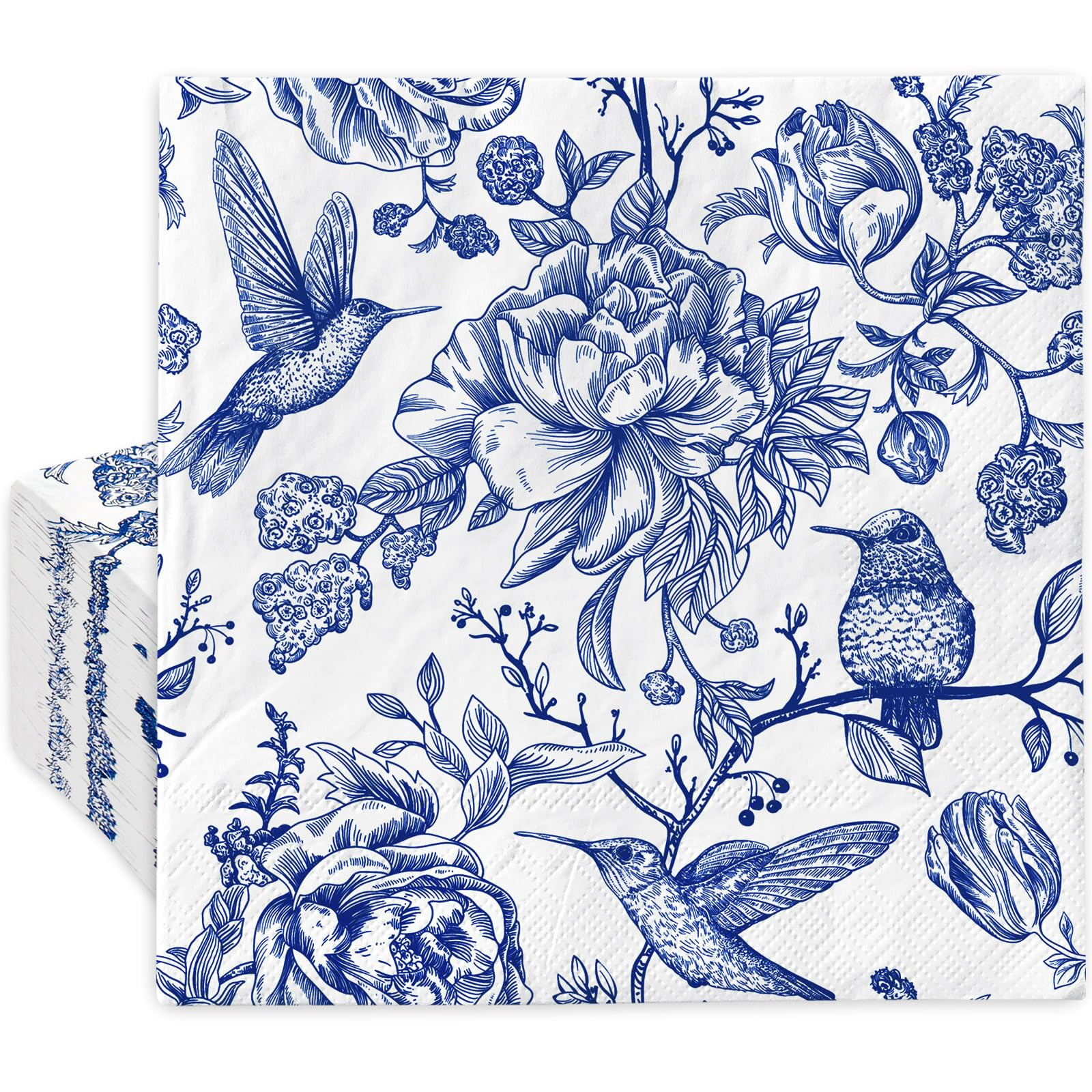 80Pcs Blue Floral Paper Napkins Vintage Flower Birds Luncheon Napkins Blue White Floral Dessert D... | Amazon (US)