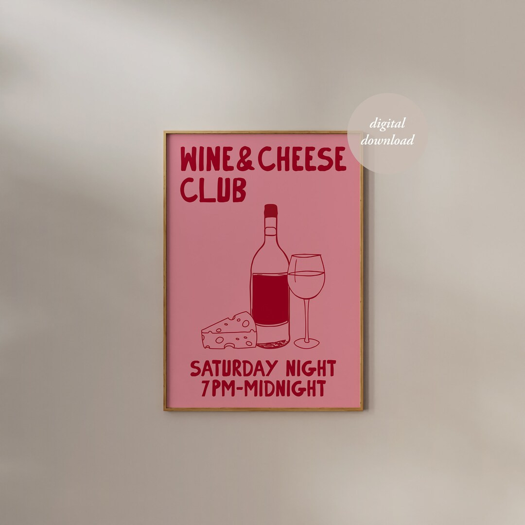 Wine and Cheese Club Print - Hand Drawn Wine Poster - Kitchen Dining Room Decor - Wine Lover Gift... | Etsy (US)