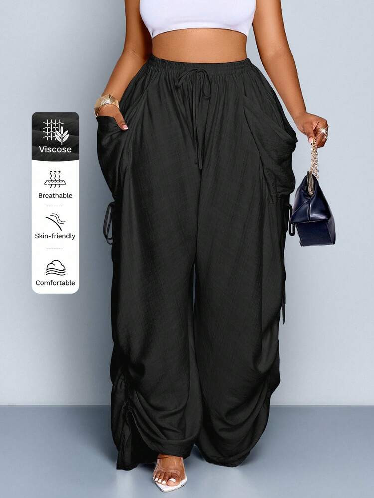 SOLERSUN Plus Size Women's Solid Color Waist Tie Pocket Wide Leg Loose Casual Pants | SHEIN | SHEIN