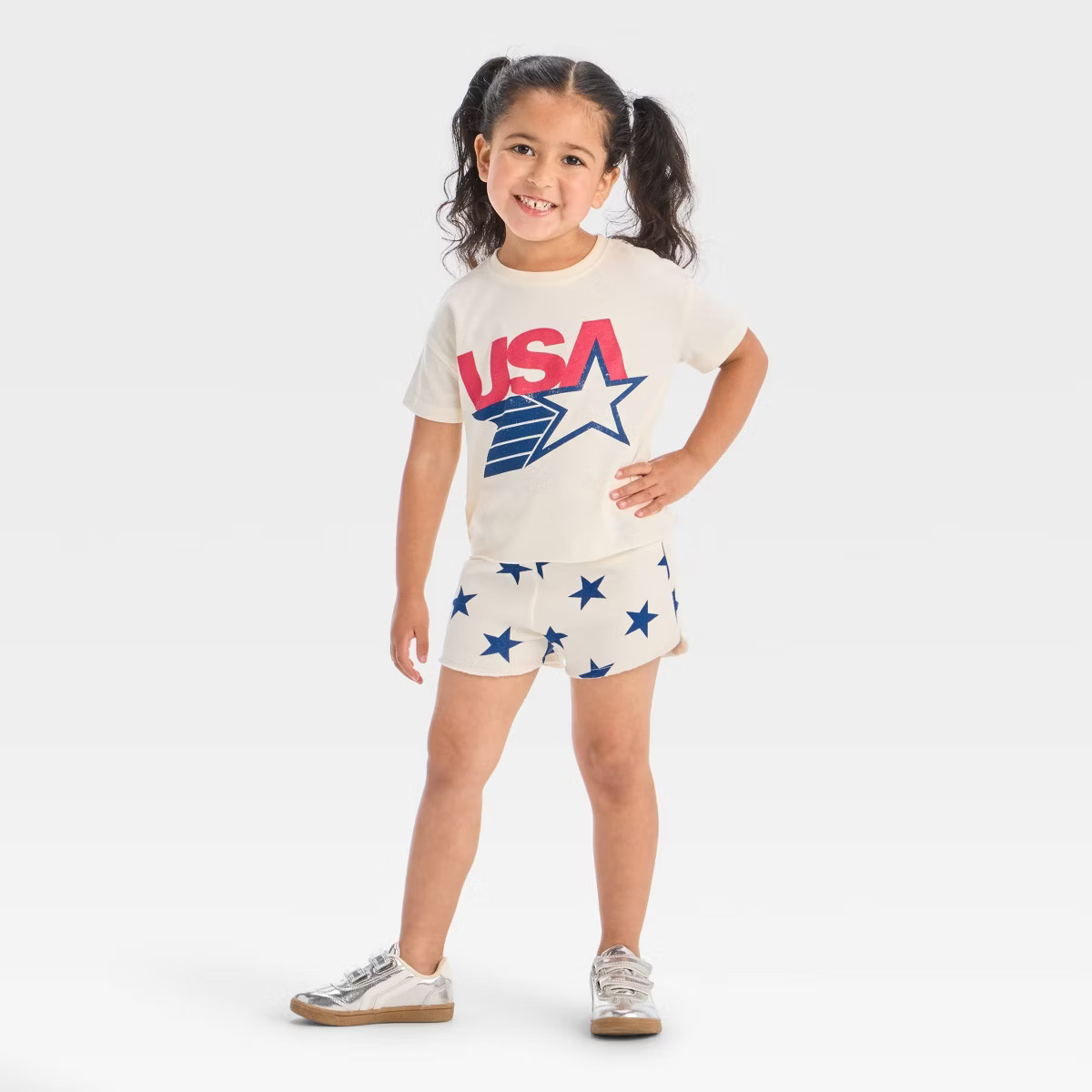 Toddler Girls' 2pc Americana USA Short Sleeve T-Shirt and Star Shorts Set - Red/White/Blue | Target