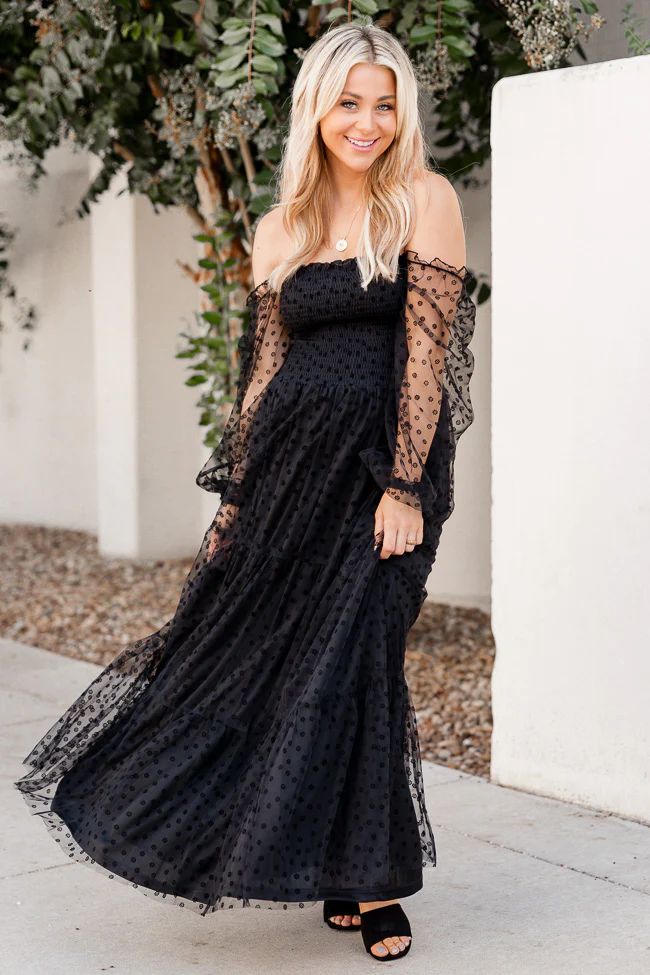 Figuring It Out Black Off The Shoulder Daisy Mesh Tiered Maxi Dress FINAL SALE | Pink Lily