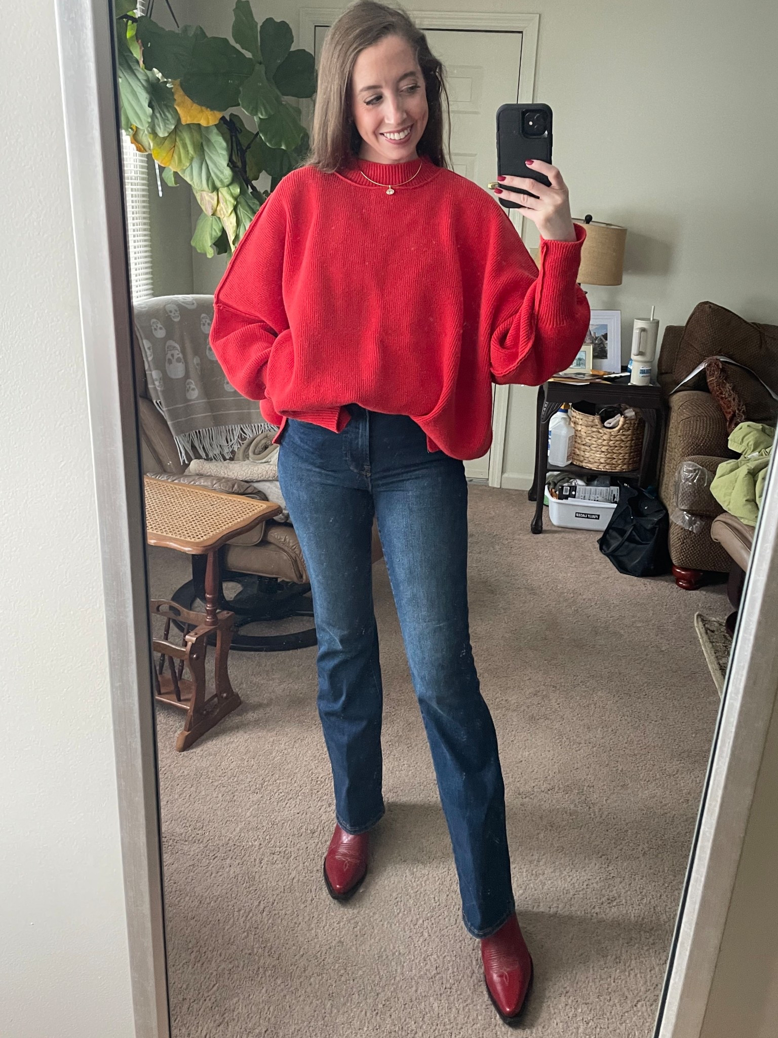 Casual outfit featuring my red cowboy boots 🤠
Bootcut jeans
Oversized red sweater
Red western boots 

#LTKSeasonal