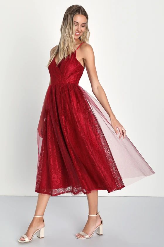 Looking So Sweet Red Lace Tulle Midi Skater Dress | Lulus