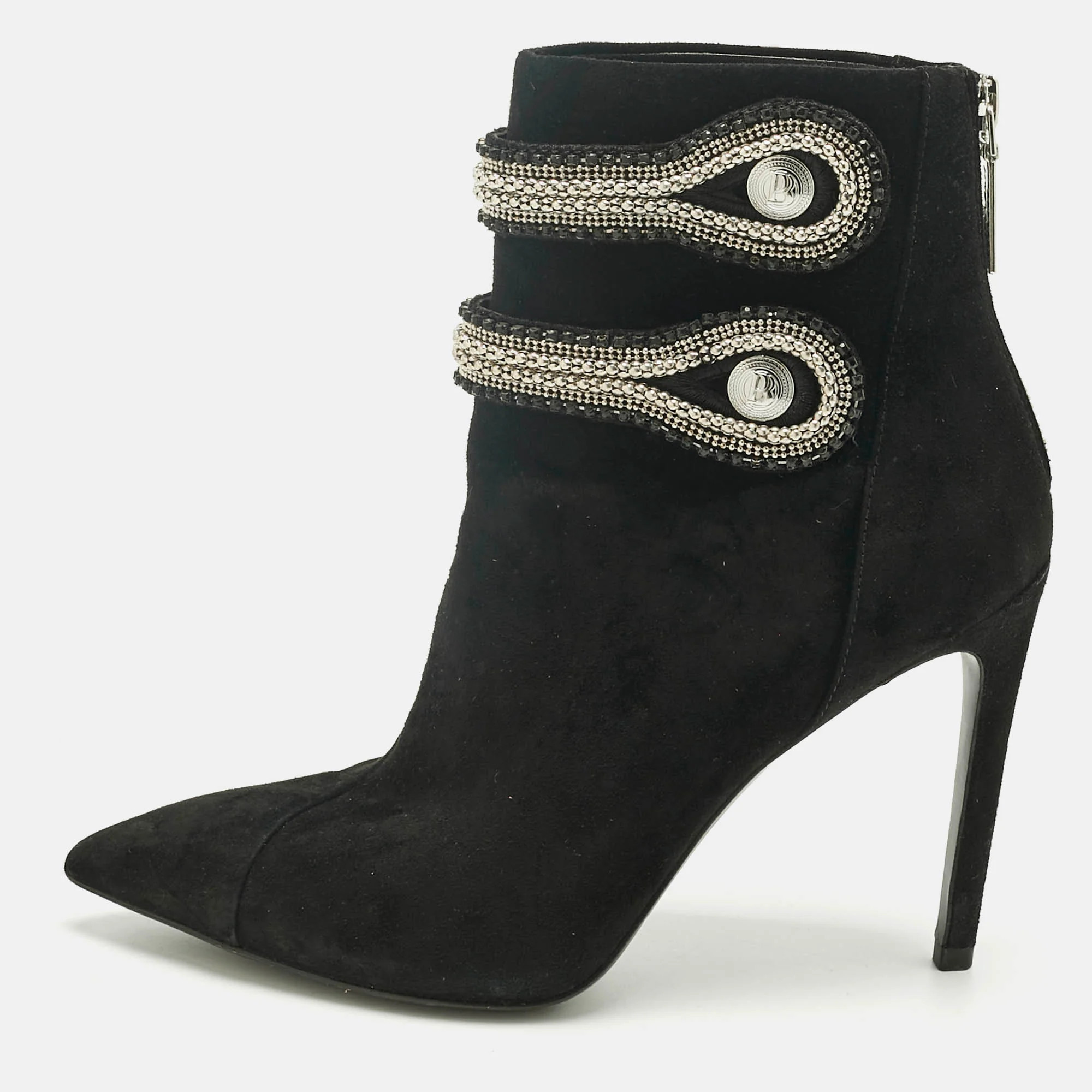 Pierre Balmain Black Suede Crystal Embellished Ankle Length Boots | Shop Simon