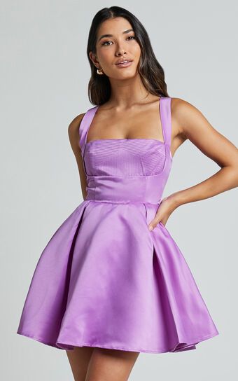 Stephanie Mini Dress - Satin Square Neck Tie Back Dress in Orchid | Showpo (US, UK & Europe)